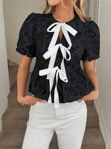 SHEIN LUNE Front Tie Bow Contrast Color Block Puff Sleeve Lantern Sleeve Ruffle Hem Textured Fabric Casual Vacation Elegant Blouse For Women Cute Summer Tops Western Clothes For Women Summer Outfits For Women