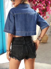 EMERY ROSE Áo sơ mi denim thường ngày cổ bẻ tay ngắn có túi cho nữ - Màu xanh lam - Xem 2