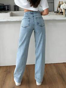 EURMUSE 女士休闲水洗高腰直筒牛仔裤 - 中等水洗藍 - 查看 3