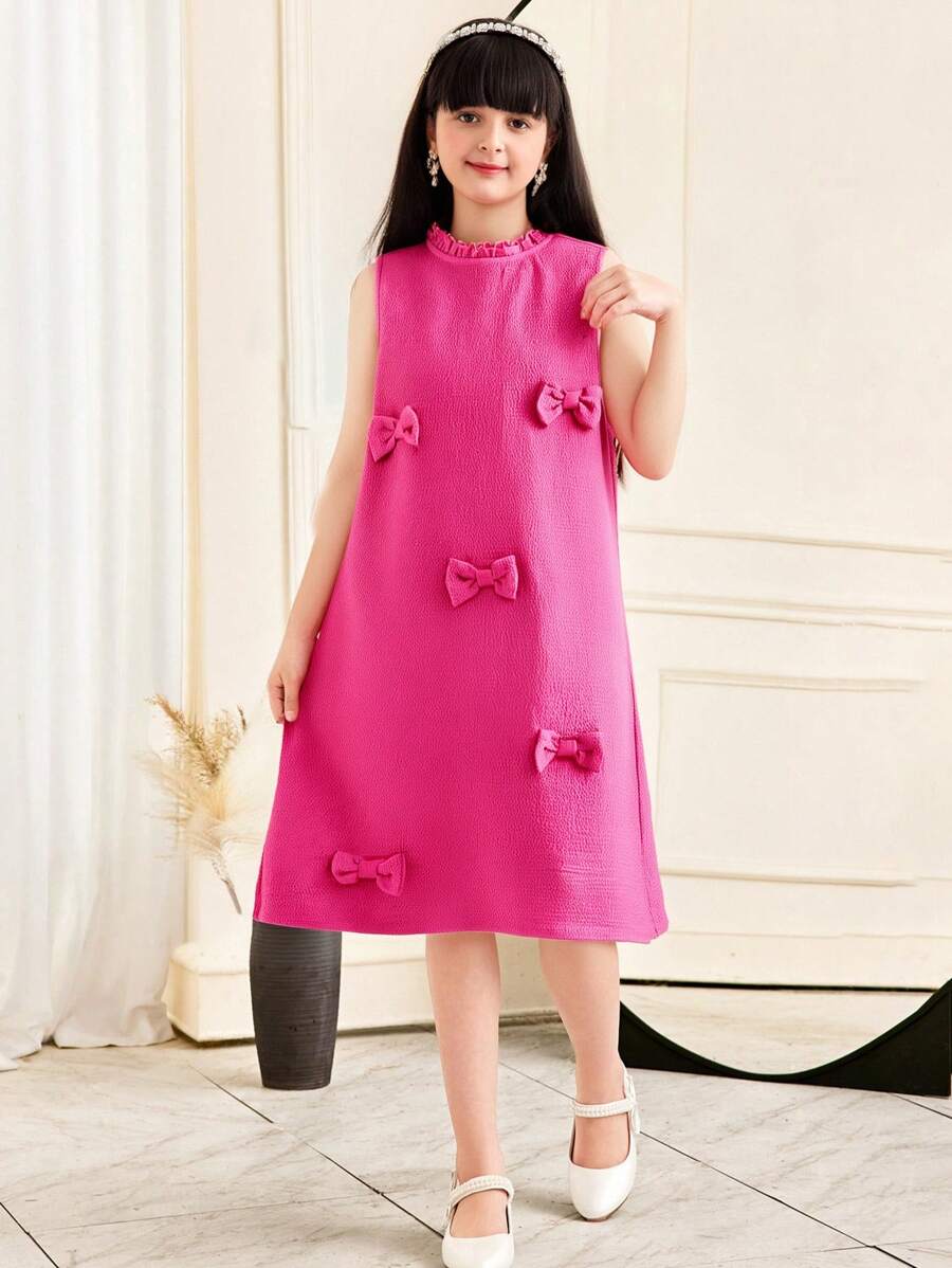 SHEIN Tween-Mädchen Lässig Elegant 3D Schleife Dekor Rüschen Saum ärmelloses figurbetontes A-Linien Strukturiertes Smock Kleid - Heißes Pink - Übersicht 1