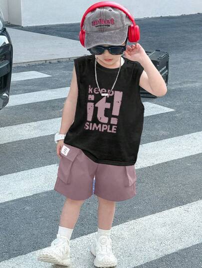 SHEIN 2pcs Young Boys Casual Korean Style Comfortable Practical Versatile Contrast Color Print Tank Top And Cargo Shorts Set, Suitable For Spider Hoodie, Zip Up Hoodie, Kids Hoodies, Kids Outfits, Young Boy Clothes, School, Back To School, Boys Set, Boys Outfits, Daily Wear, School, Travel, Sports, Spring/Summer