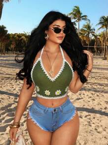 SHEIN SXY Nouveau style Top de camisole en crochet fleuri doux et frais pour femmes, convient pour les vacances à la plage, le printemps/été