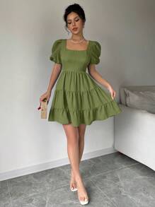 Rafferiza Damen Kleid mit Puffärmeln, rückenfreiem Rüschendetail und Schleife, romantisch elegant für Abschluss, Konzert, olivgrünes Strandkleid im Boho-Stil, Sommerkleid 2025 neu, kurzes Kleid