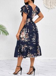 SHEIN Lady Floral Print Ruffle Trim Pleated Hem Belted Dress Midi Dress Casual Everyday Elegant Party Four Seasons Birthday&Event Dresses /Office Dresses /Holiday Dresses,Tea Party Dress,Summer Dresses For Women Casual Dresses For Women Women Clothing Dresses Women Midi Dresses Women Dresses Floral Women Clothing Summer Dresses - Blue and White - View 2