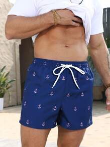 Palasendo Men's Simple Fashionable Casual Beach Shorts, Everyday Wear,Hawaiian, Navy Blue Swim Trunks, Men's Swim Trunks, Anchor Print Swim Trunks, Men's Beachwear, Men's Swim Shorts - Navy Blue - View 5