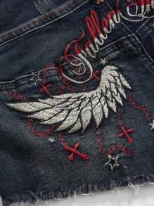 ROMWE Grunge Punk Plus Size Y2K Wing & Cross Embroidered Vintage Vibe Low Waist Denim Shorts - Blue - View 3