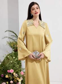 Al Najma Women's Solid Color Long Sleeve Arabic Style Dress With Rhinestone Decoration, Minimalist Fashion Suitable For Summer,Modest - Yellow - View 7
