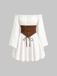 SHEIN MOD Veelkleurige contrasterende vintage jurk met kruisbandjes, off-shoulder en uitlopende mouwen voor dames, Boho-jurk voor dames, Westernjurken voor dames, Jurk voor bruiloftsgasten, Jurken voor dames op vakantie, Theefeestjurk, Zomerjurken voor dames