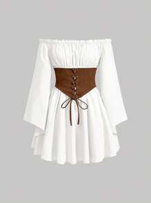 SHEIN MOD Women's Multicolor Contrast Color Cross Strap Off Shoulder Flared Sleeve Vintage Dress,Boho Dress Women,Western Dresses For Women,Dress For Wedding Guest,Women Dresses Vacation,Tea Party Dress,Summer Dresses For Women