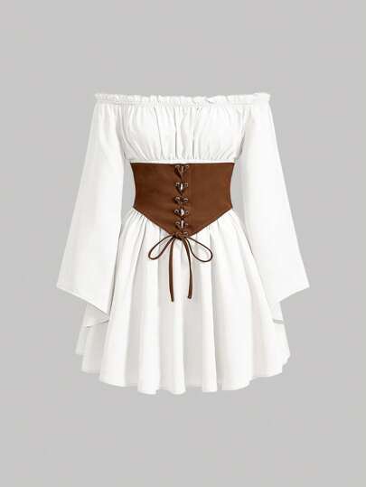 SHEIN MOD נשים מרובת צבעים ניגודיות צבע רצועה מרוחקת כתף שרוולים מתרחבים שמלת וינטג', שמלת בוהו לנשים, שמלות מערביות לנשים, שמלה לאורחת כלה, שמלות נשים לחופשה, שמלת מסיבת תה, שמלות קיץ לנשים