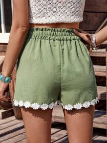 LanaWest Women's Country Music Festival Olive Green Patchwork Floral Trim Waist Ruffled Pockets Casual Vacation Shorts - Olive Green - View 2