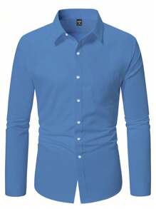 Manfinity Homme 男士纯色单排扣休闲/商务长袖正装衬衫 男士衬衫 男士修身衬衫 男士正装衬衫 男士正装衬衫 - 藍色 - 查看 1