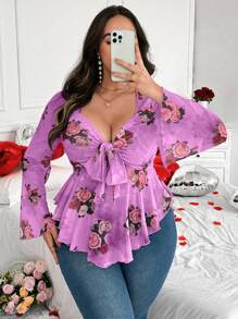 Calvaya 大码女式情人节花卉印花系带长袖休闲 T 恤