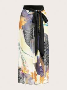 Swim Oasis 2pcs/Set Plus Size Plant Printed One-Piece Swimsuit With Cover-Up And Sarong Skirt - Black and White - View 8