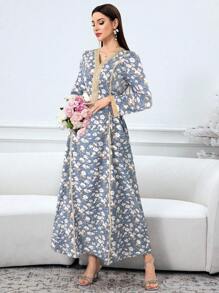Al Najma Women's Floral Print Patchwork Belt Long Sleeve Elegant Arabic Style Dress,Modest