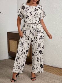 SHEIN Clasi Combinaison casual à manches chauve-souris imprimée de fleurs tout-sur-tout, grande taille pour les vacances - Multicolore - Voir 4