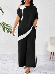 SHEIN Lady Conjunto de dos piezas para mujer con diseño asimétrico con hombros cortados y estampado floral tridimensional elegante en blanco y negro, apto para bodas, cumpleaños, vacaciones y eventos de verano