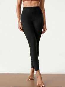 Hanevo Leggings casual da donna a vita alta con orlo incrociato, tinta unita - nero - Visualizzare 6