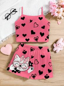 SHEIN Leap Crew Tween Girl Casual Minimalist Fitted Camisole Crop Top And Shorts Loungewear, Suitable For Summer - White - View 1