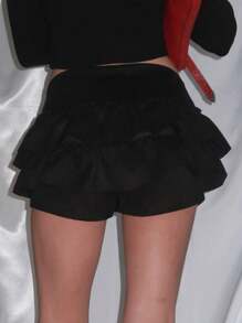 DAZY Jupe mini très courte femme avec volants au bas, de couleur unie, style Y2K, jupes-shorts - Noir - Voir 6