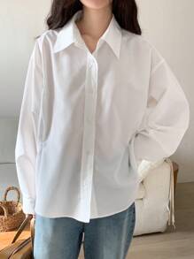 DAZY 女士条纹领口修身衬衫，商务休闲，蓝色，春夏秋装，秋季女装长袖上衣 - 白色 - 查看 7