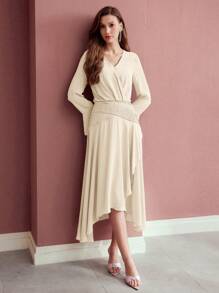 MOTF PREMIUM DRAPED ASYMMETRICAL HEM DRESS - Apricot - View 3