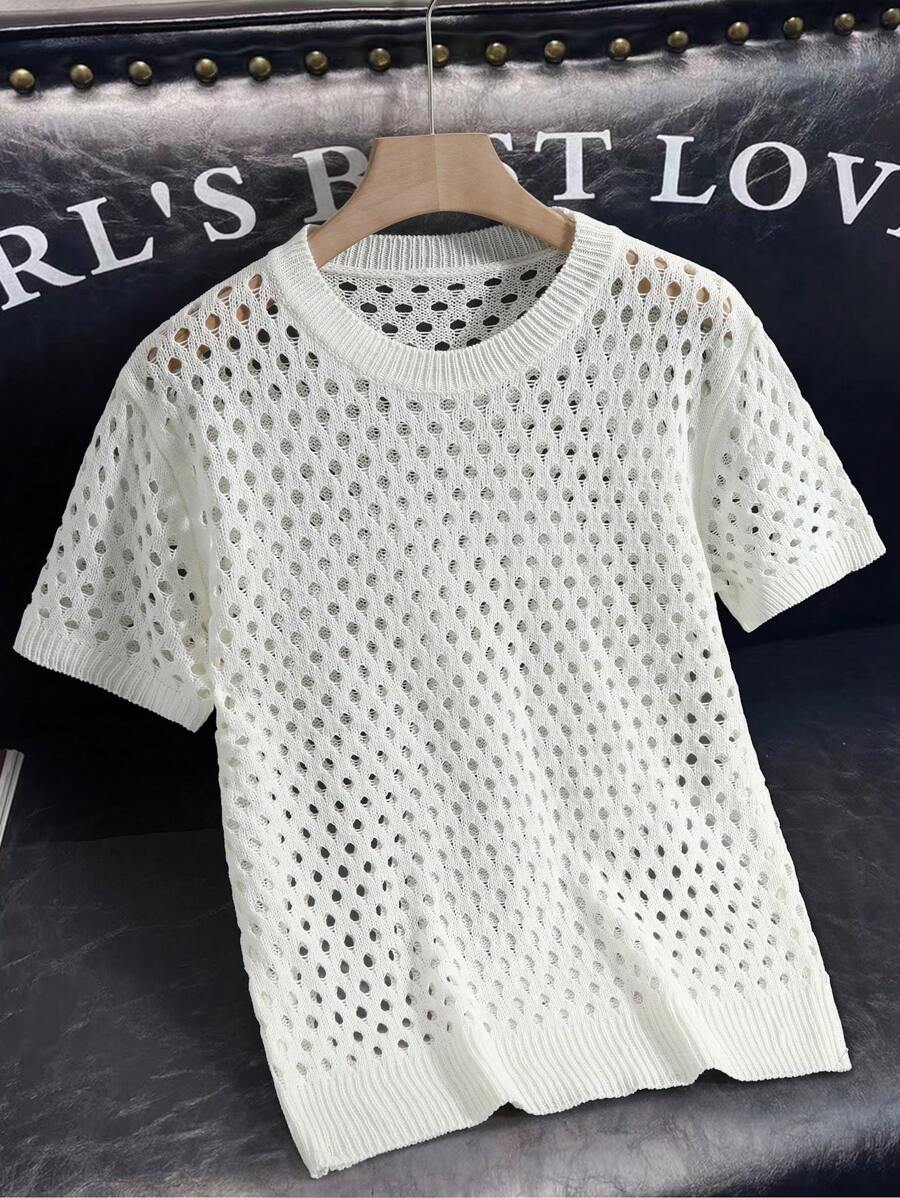 Manfinity Homme Men's Casual Solid Color Short Sleeve Hollow-Out Knit Top