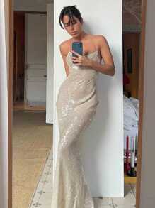 Opulessa Solid Color Knit Halter Bodycon Dress For Women, Sequin Backless Dress, Ew Year Look, Thanksgiving Outfits, Elegant Dresses Party, Luxury Evening Dresses For Weddings, Sexy Club Outfits