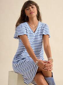 Wildy Vestido mini de mujer de línea A a rayas verdes vintage con mangas con volantes
