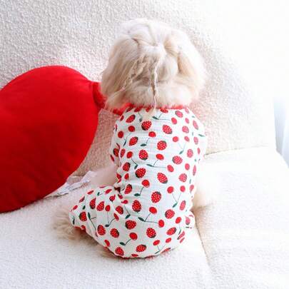 PETSIN Bộ đồ ngủ in họa tiết anh đào mềm mại, thoáng khí dành cho mèo và chó, trang phục mặc nhà thoải mái
