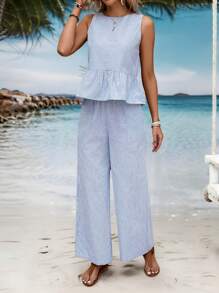 Rusticease 2pcs Women's Striped Ruffle Hem Sleeveless Shirt And Pants Set Summer Vacation Outfits Women - Blue and White - View 4