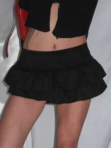 DAZY Jupe mini très courte femme avec volants au bas, de couleur unie, style Y2K, jupes-shorts - Noir - Voir 2