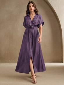 Anewsta Women's Spring/Summer Festival, Wedding Guest, Vacation Outfits V-Neck Single-Breasted Shirt Dress With Collar, Waist Twist Design, Long Dress - Purple - View 5