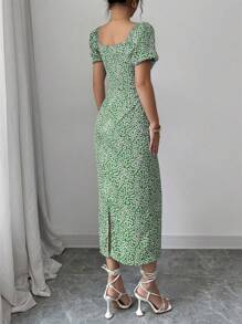 Modelyn 优雅 Ditsy Ditsy 花卉泡泡袖连衣裙，夏季 - 綠色 - 查看 2