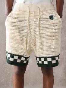 SUMWON 奢华针织抽绳运动短裤优质棋盘格图案装饰休闲运动沙滩夏春轻盈透气运动跑步篮球家居服 - 杏色 - 查看 6