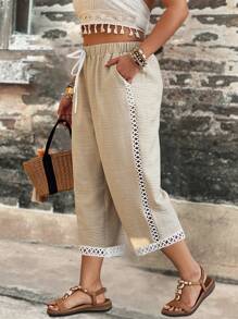 SHEIN Clasi Plus Size Women French Style Regular Floral Lace Detail Casual Cropped Pants, Summer - Apricot - View 1