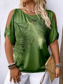 SHEIN LUNE Casual Feather Print Off Shoulder Plus Size T-Shirt Graphic Tees Women Tops - Multicolor - View 1