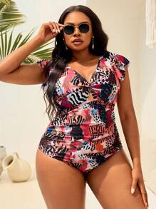 SHEIN Swim Curve Maillot de bain une pièce modeste avec volants et imprimé aléatoire pour femmes grandes tailles, maillot de bain de plage et de villégiature pour femmes, robe d'été grande taille