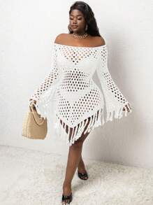 Slaydiva Áo choàng đan tua rua hở vai cỡ lớn - trắng - Xem 2