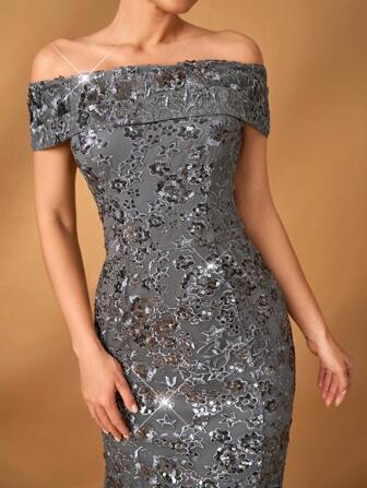 Serin 优雅奢华的灰色网眼亮片刺绣露肩修身鱼尾下摆连衣裙，适合晚会、约会、舞会、婚礼、新娘母亲礼服