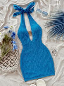 Soleia Nuevo mini vestido con textura, diseño de escote halter, espalda descubierta y cordones, con decoración de metal