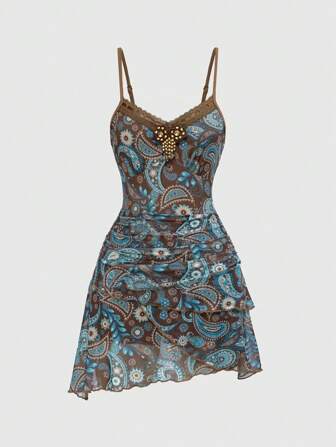 Hippie Robe mini boho chic rétro avec volants, ruban, dentelle et imprimé cachemire pour femmes