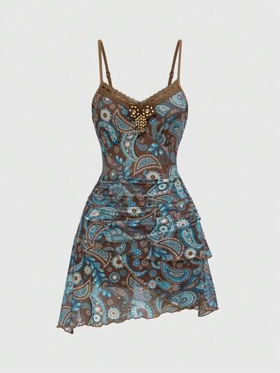 Hippie Retro Boho Chic Ruffle Ribbon Lace Paisley Print Mini Dress For Women