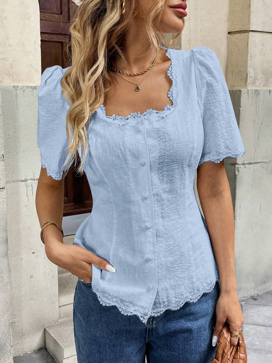 Pariaura 女士优雅法式蕾丝拼接棉质短袖衬衫 - 淺藍色 - 查看 1