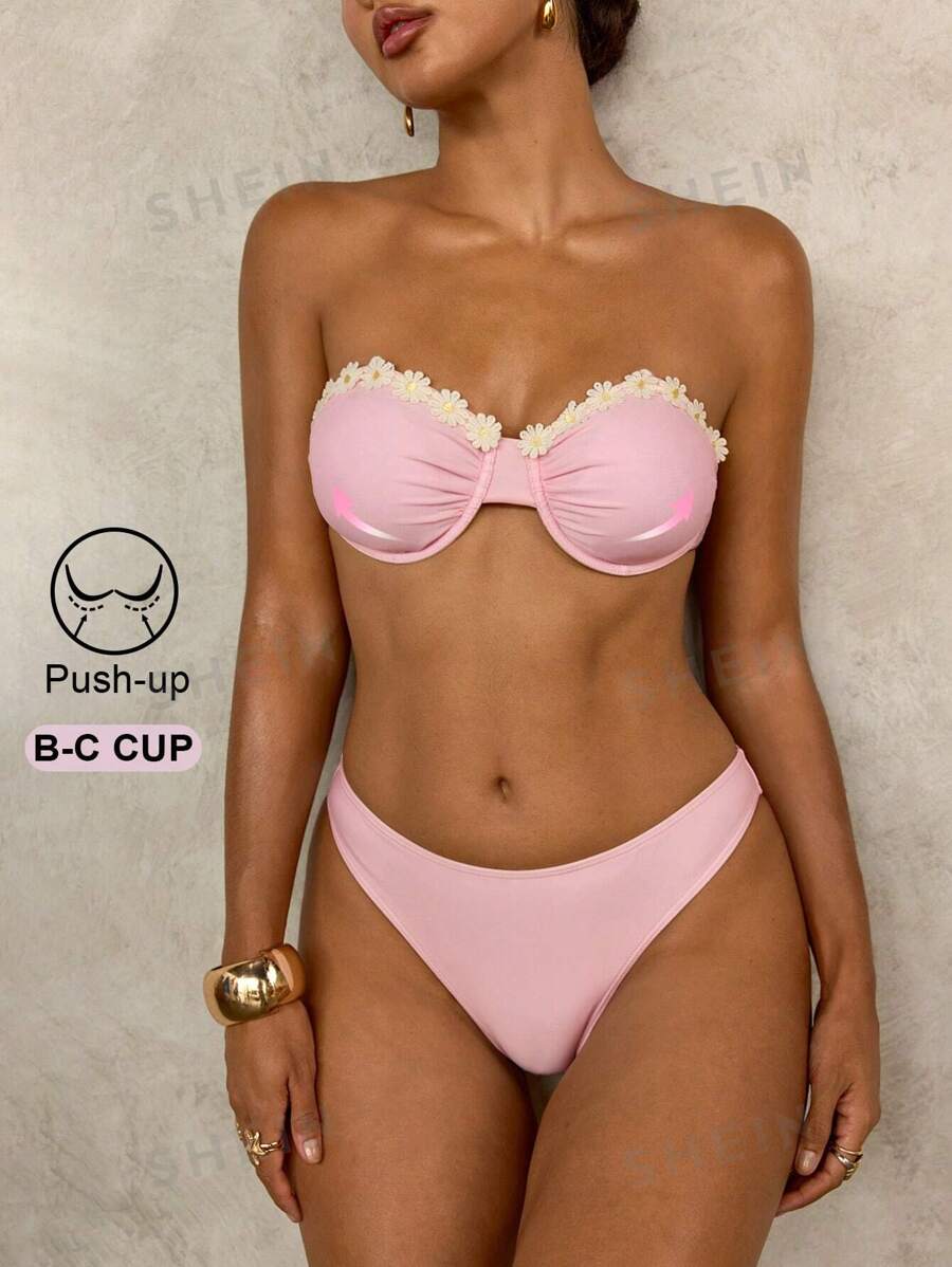 Conjunto de bikini sexy de verano para mujer con decoración de estampado de margaritas y atar al cuello