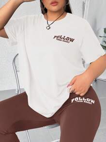 SHEIN EZwear 2 件套大码字母印花 T 恤和紧身裤 - 棕色 - 查看 5