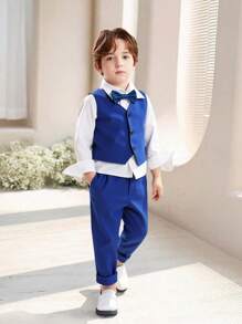 SHEIN 2pcs Young Boys Gentleman Outfit, 1 Textured Bicolor Woven Vest, 1 Textured Bicolor Woven Suit Pants, Fashionable Gentleman Set With Sleeveless Single-Breasted Fitted Vest And Elastic Waist Comfortable Suit Pants, Suitable For Birthday Party, Ceremony, Wedding, Ring Boy, Page Boy - Blue - View 1