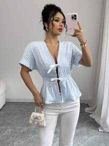 Elenzga Women's Short Sleeve Casual Plaid Collar Tie Shirt - Baby Blue - View 1