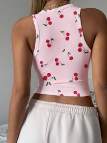 CovetEZ 休闲简约樱桃印花粉色圆领修身女式背心，适合夏季 - 粉色 - 查看 2