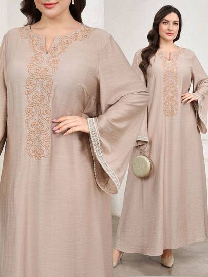 Al Najma 大码女式阿拉伯风格花卉印花 V 领喇叭袖休闲连衣裙，端庄